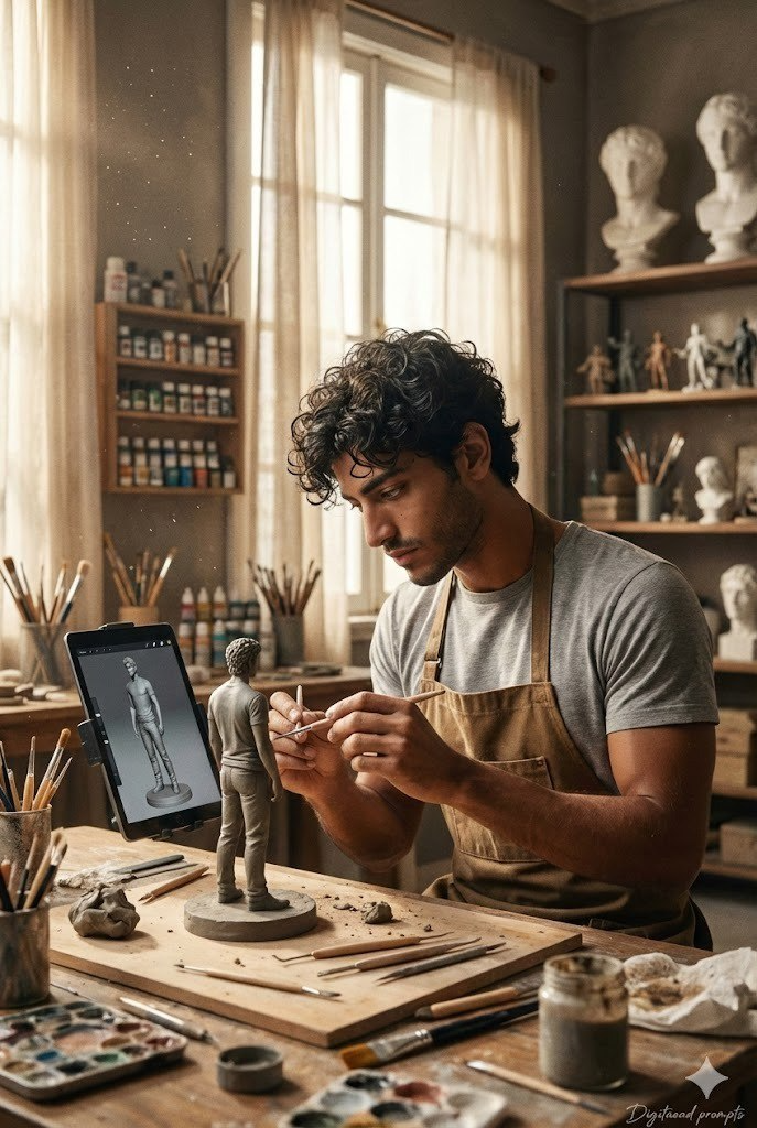 Creative Artist Studio AI Prompt – Cinematic Sculptor Workspace Scene