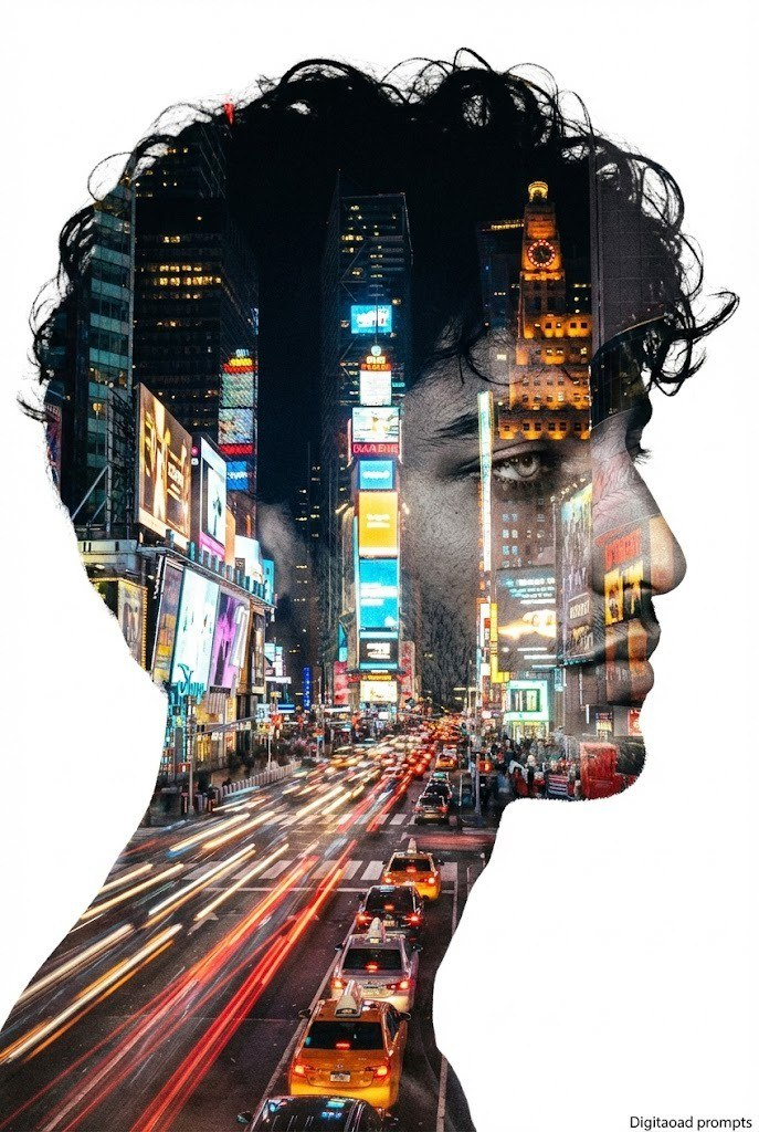 Double Exposure City Portrait AI Prompt – Surreal Fine Art Photography